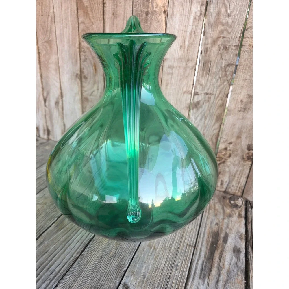 Vintage Emerald Green Hand Blown Glass Pitcher Optic Rib Mid Century Modern 15